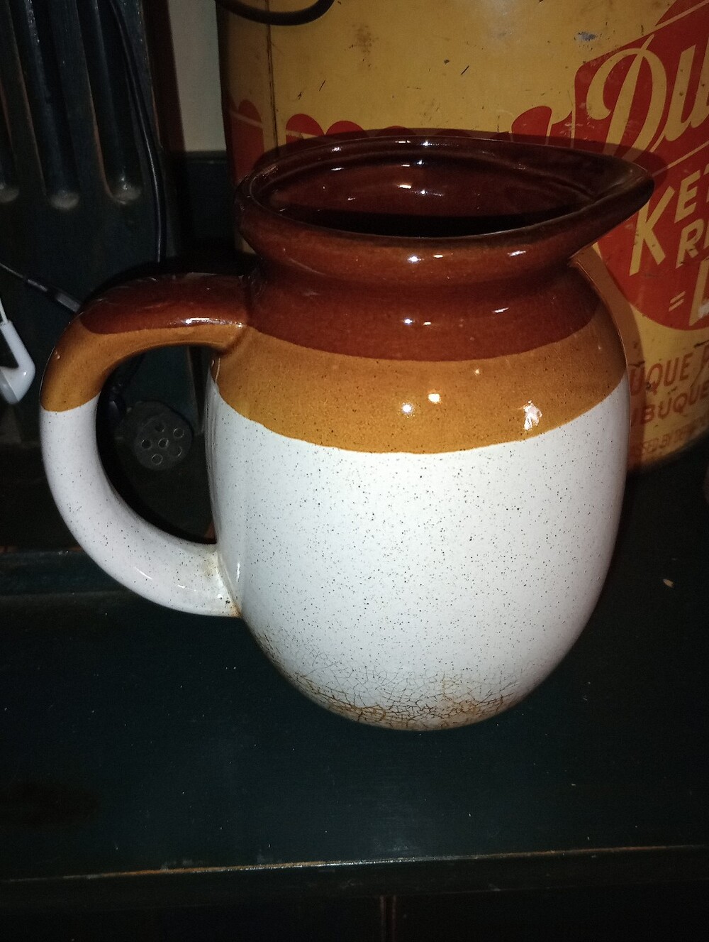 Two-Tone Vintage Brown and White Ceramic Pitcher - Rustic Home Art